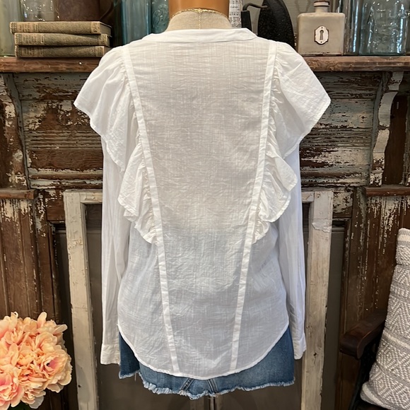 PAIGE FARREN RUFFLE SHOULDER & BODICE Button Front Mandarin Collar SHIRT Blouse - Picture 5 of 7